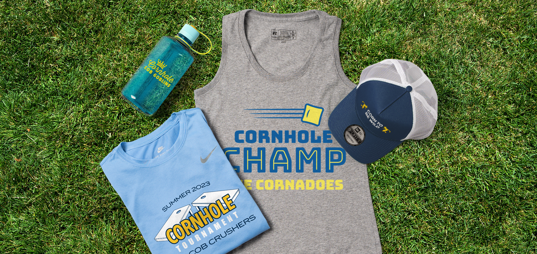 A water bottle, performance t-shirt, tank top, and trucker hat with cornhole team names. 