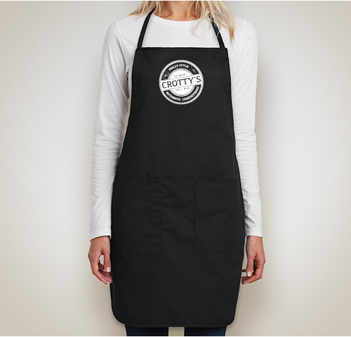 Custom apron with the Crottys logo A black custom apron with the Crotty's logo.