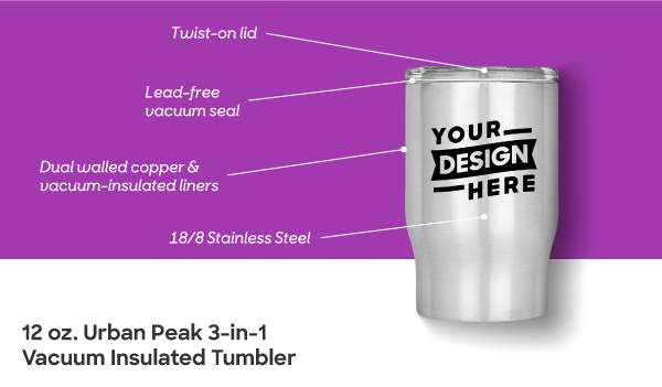 A silver custom tumbler with Your Design Here printed on it