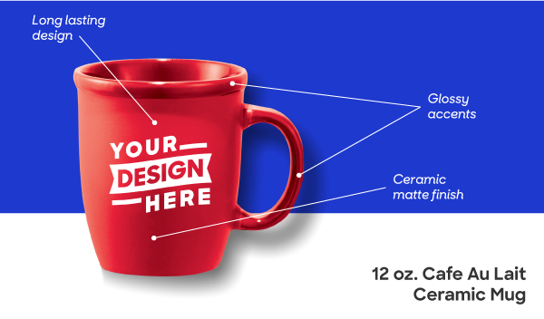 A red custom mug with Your Design Here printed on it