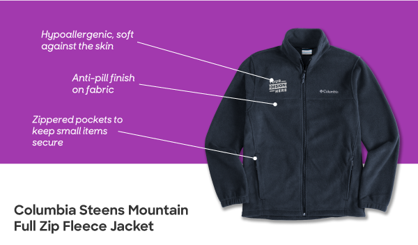 A full zip fleece jacket from Columbia with Your Design Here embroidered on it