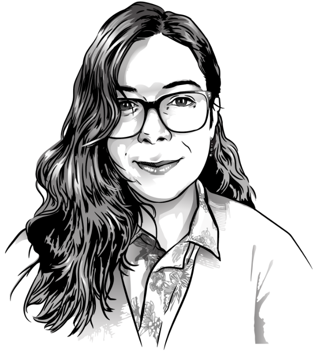 Black and white illustration of woman wearing glasses