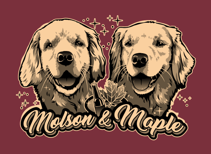 Illustration of two Golden Retrievers with text Molson & Maple below