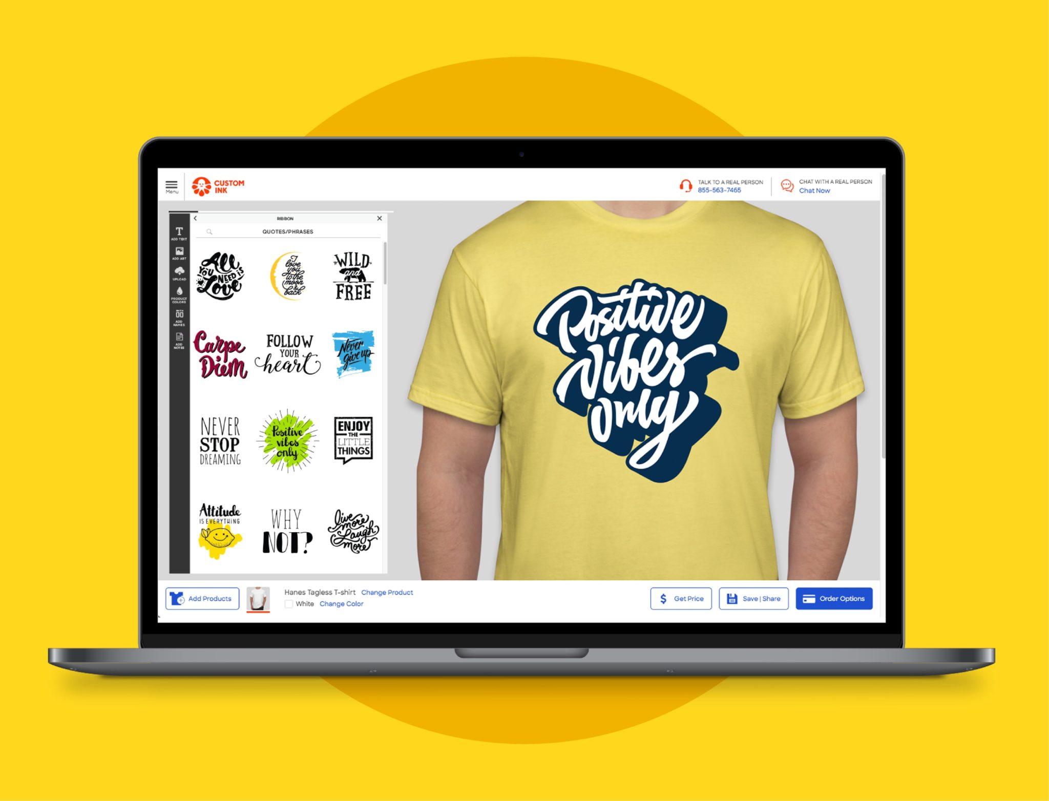 A computer open to a t-shirt design. The t-shirt reads "Positive Vibes Only."